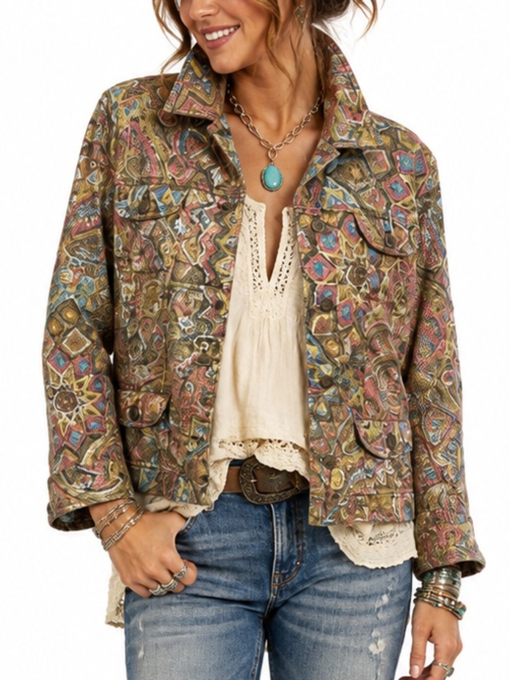 CHICOS VINTAGE RETRO BOHO STYLE  MOSAIC PRINT JACKET SZ LG EUC